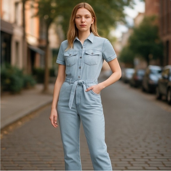 Avec Les Filles Pants - Avec Les Filles denim blue wide leg belted jumpsuit